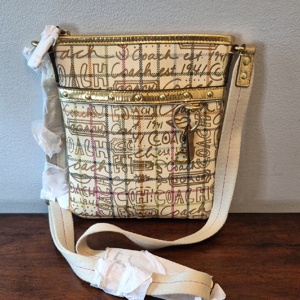Coach Gold Tattersall With Script Logo Crossbody Bag in Cream and Gold Accents